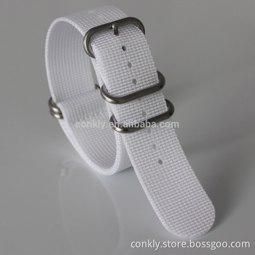 white nylon ZULU watch strap with brushed buckle hardware